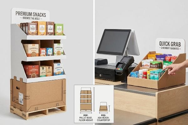 White corrugated cardboard Pop Premium Snacks floor display on a pallet base, featuring three tiers of snack boxes.