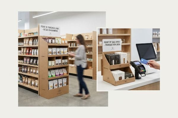 Contrasting Point of Purchase (POP) retail displays with a Point of Sale (POS) transaction area featuring a credit card payment.