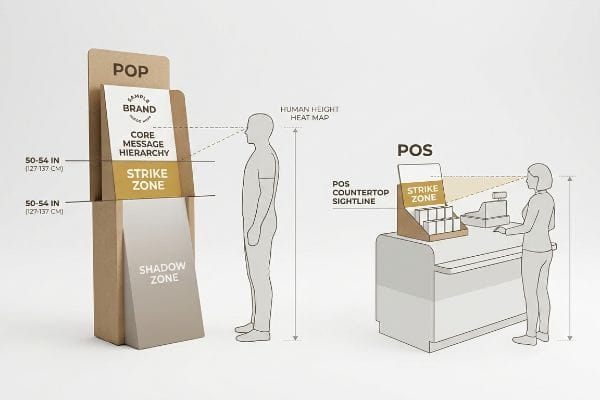 POP and POS diagrams show optimal 'Strike Zone' (50-54 in) and 'Shadow Zone' for human sightlines.