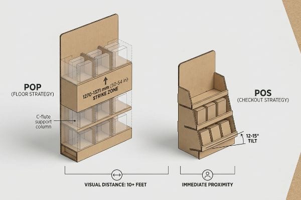 Corrugated cardboard POP floor display, C-flute support, 50-54 inch Strike Zone, and POS checkout display, 12-15 degree shelf tilt.