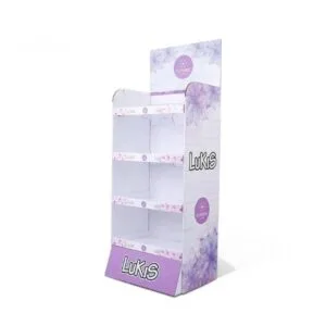 Expositor de cartón morado para productos de cuidado de la piel