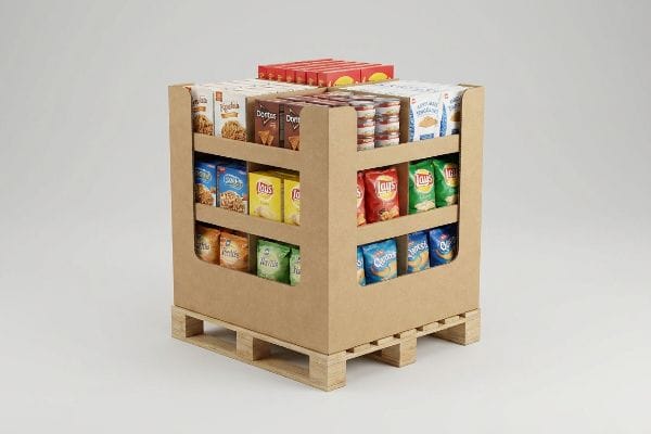 Brown cardboard quarter pallet display filled with Lay's, Doritos, and Cheetos snacks, sitting on a wooden pallet.