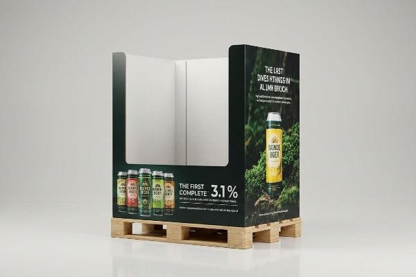 A dark green half pallet display on a wooden base, featuring Raunde Boer beverage cans, with branding 'The Last Divers Things In Al Jmah Bruch' and 'The First Complete 3.1%'.