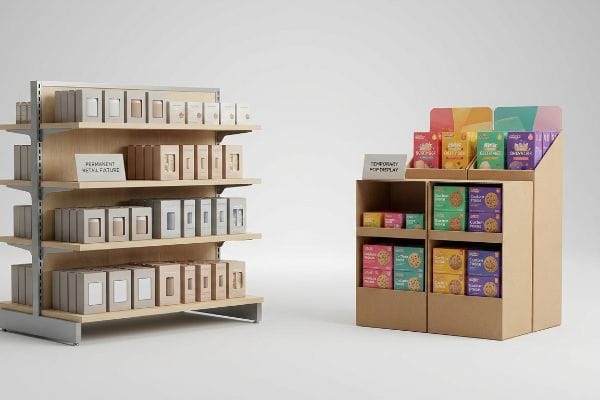 木製の棚を備えた「常設の金属製什器」と、段ボール製の「一時的なPOPディスプレイ」が対照をなし、小売店の商品陳列を視覚的に表現している。.