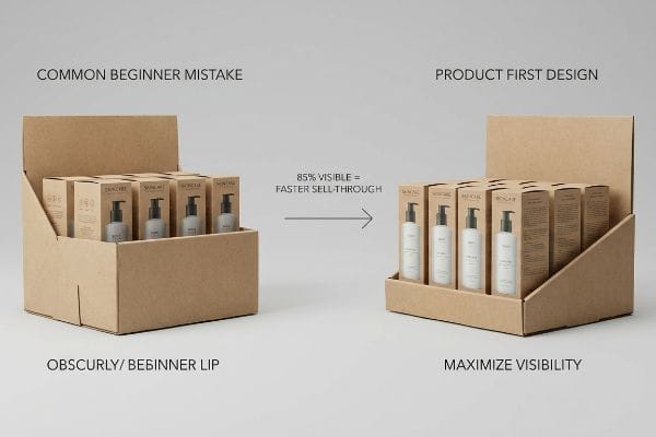 2つの茶色の段ボール製ディスプレイスタンドは、高い縁でスキンケアボトルが見えにくくなるというよくある初心者の間違いと、製品の視認性を85%まで高めて販売促進を図る「製品優先設計」を比較している。.