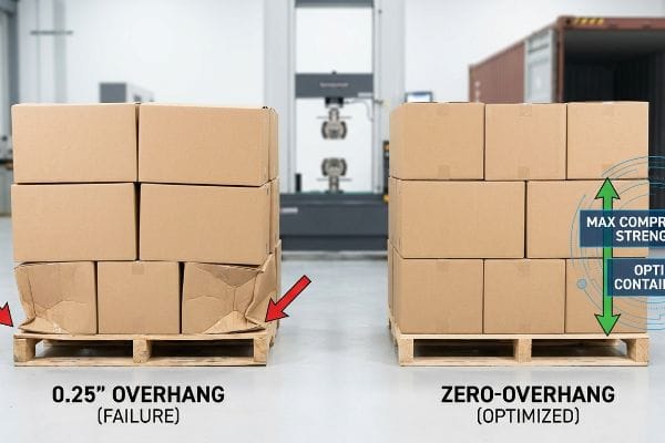 Palletized master cartons: 0.25-inch overhang failure (buckled) vs. zero-overhang (optimized compression).