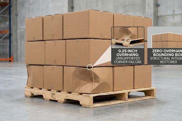Brown cardboard boxes on a GMA pallet with a 0.25-inch Overhang causing Unsupported Corner Failure, contrasted with a Zero-Overhang Bounding Box solution.