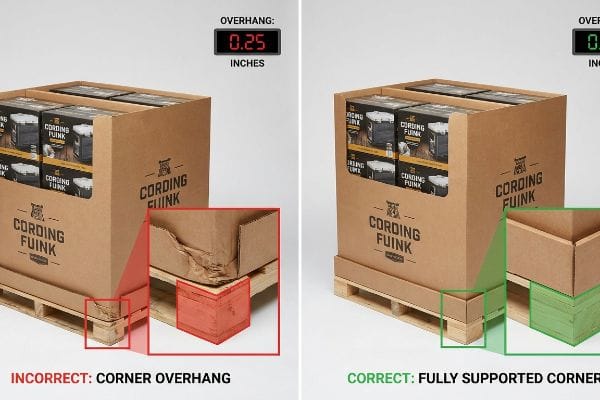 Brown corrugated Cording Fuink pallet display: incorrect 0.25-inch corner overhang causing crushing, contrasted with a correctly supported corner.