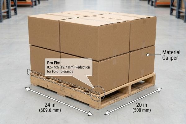 Brown cardboard boxes on a 24x20 inch quarter pallet, highlighting a Pro Fix 0.5-inch (12.7 mm) reduction for fold tolerance and Material Caliper.