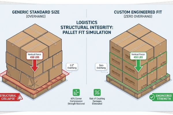 Pallet Fit Simulation: Overhang causes structural collapse; custom zero-overhang boxes ensure 60% corner strength.