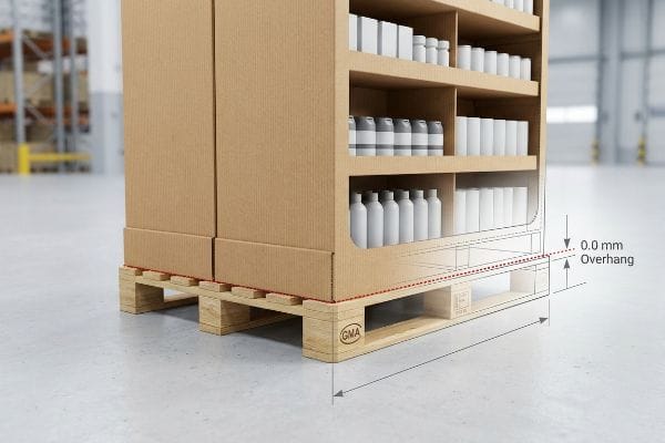 Cardboard retail display on a GMA wooden pallet, illustrating 0.0 mm overhang for critical structural support, filled with white product bottles.