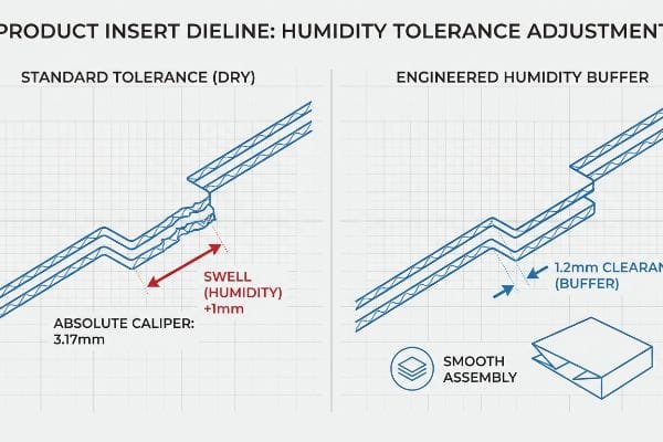 Product Insert Dieline: Humidity Tolerance Adjustment blueprint, comparing 1mm paper swell to 1.2mm engineered buffer.