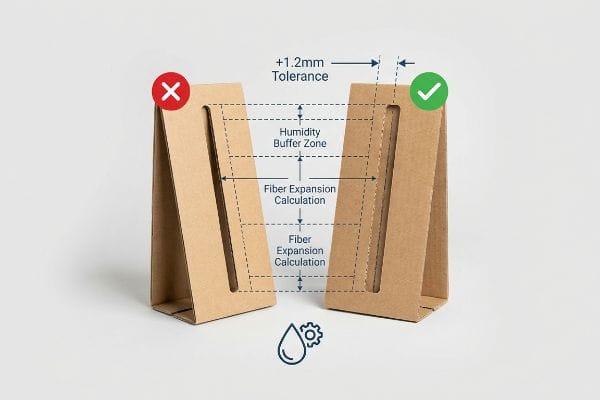 Brown corrugated cardboard display stands compare slot designs, showing a correct slot with