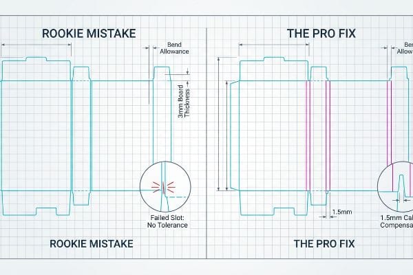 Blueprint comparing Rookie Mistake dieline (Failed Slot: No Tolerance) to Pro Fix (1.5mm Caliper Compensation, 3mm board).