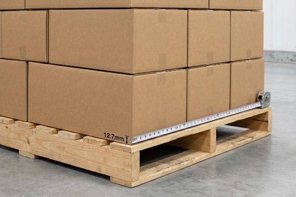 Boîtes en carton ondulé brun sur une palette en bois, mesurées avec un ruban métrique montrant l'espace critique de 12,7 mm sans débordement.