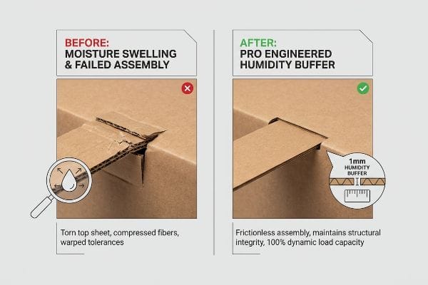 Corrugated cardboard comparison: failed assembly from moisture swelling vs. frictionless assembly with a 1mm humidity buffer.