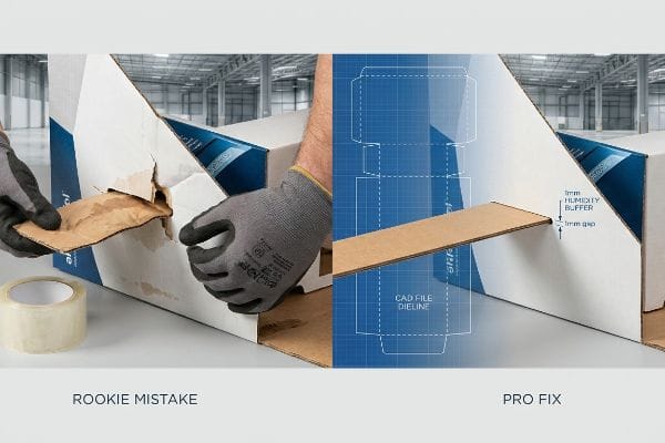 White corrugated box assembly contrasting a Rookie Mistake with a torn tab and a Pro Fix demonstrating a 1mm Humidity Buffer in the CAD File Dieline.