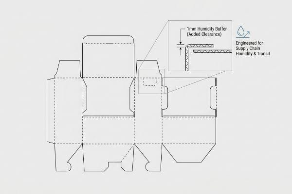 A technical dieline blueprint for corrugated packaging, highlighting a 1mm Humidity Buffer (Added Clearance) engineered for supply chain humidity and transit.