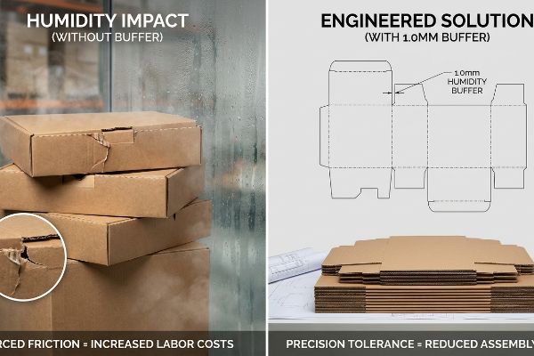 Brown cardboard boxes show Humidity Impact without a buffer, causing Forced Friction and Increased Labor Costs, contrasted with an Engineered Solution's 1.0mm Humidity Buffer dieline for Reduced Assembly.