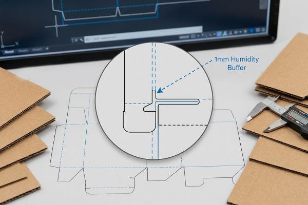 Une vue agrandie met en évidence une zone tampon d'humidité de 1 mm sur un gabarit en carton, avec un pied à coulisse numérique et un logiciel de CAO en arrière-plan, illustrant la précision de la conception de la boîte sur mesure.