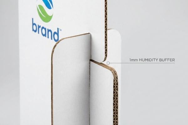 Corrugated display board interlocking tabs with a 1mm Humidity Buffer, featuring the 'brand' logo.