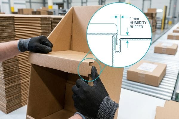 Corrugated cardboard PDQ display assembly, highlighting a 1 mm Humidity Buffer in the joint design for co-packing efficiency.