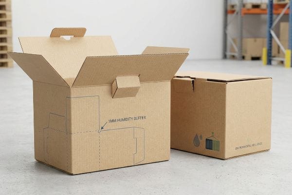 Corrugated cardboard box with '1mm Humidity Buffer' diagram, illustrating moisture swelling tolerance for packaging in humid environments.
