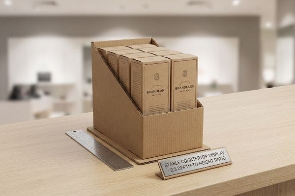 Corrugated countertop display for Brandlane Premium products, showcasing a 2:3 depth-to-height ratio for stability, with a ruler.