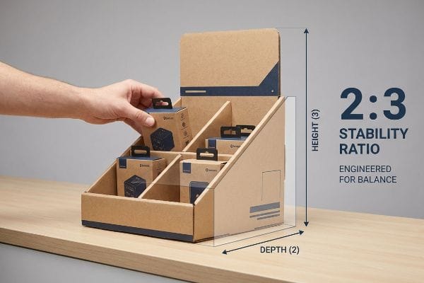 Natural kraft cardboard counter unit, hand placing a small Bluetooth electronics box, highlighting the 2:3 Stability Ratio for balance.