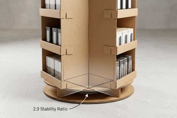 Base de papelão ondulado de parede dupla para um expositor giratório de 360°, apresentando a proporção de estabilidade crítica de 2:3.