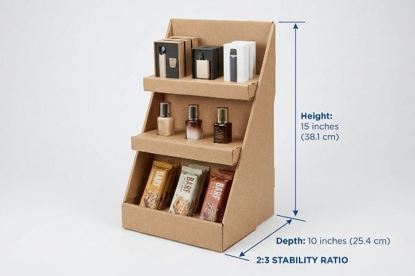 Kraft corrugated display, 15-inch height, 10-inch depth, demonstrating 2:3 Stability Ratio for tiered merchandising of Barf bars, cosmetics, and electronics.