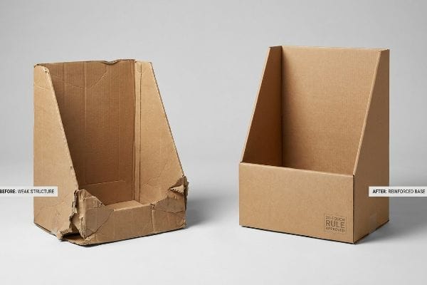 Коробки из гофрированного картона, одна с непрочным, помятым дном, а другая с усиленной, прочной конструкцией, с надписью «Правило 20 касаний одобрено».