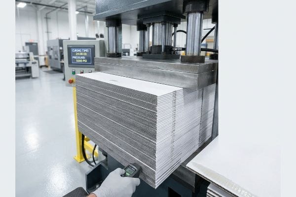 Corrugated boards under hydraulic press, screen shows 'Curing Time: 24:00:00' and 'Pressure: 5000 PSI'.