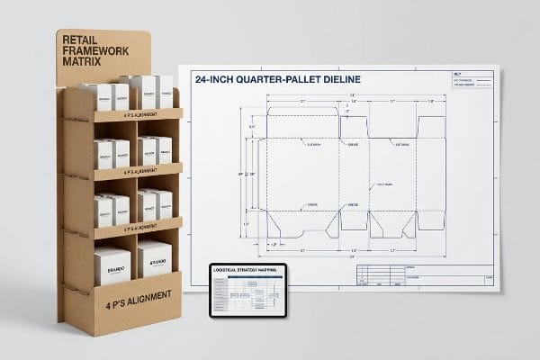 Brown cardboard retail display featuring 'Retail Framework Matrix' and '4 P's Alignment', alongside a 24-inch Quarter-Pallet Dieline blueprint and a tablet showing Logistical Strategy Mapping.