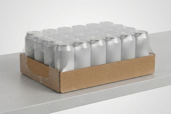 A shrink-wrapped tray of 24 silver aluminum cans in a corrugated base, ready for retail shelves.