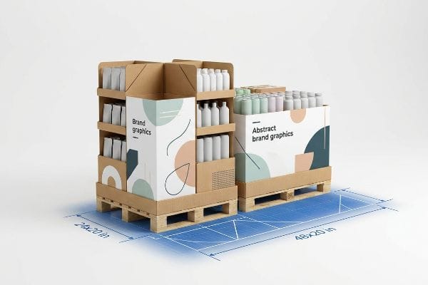 Displays de paletes fracionários de papelão (24x20 pol, 48x20 pol) com 'Gráficos da Marca' e 'Gráficos Abstratos da Marca'.