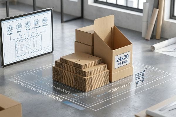 Corrugated cardboard display boxes, one labeled '24x20 Inch Base', on a 'Retail Framework Matrix' floor. Tablet shows 5 P's retail.