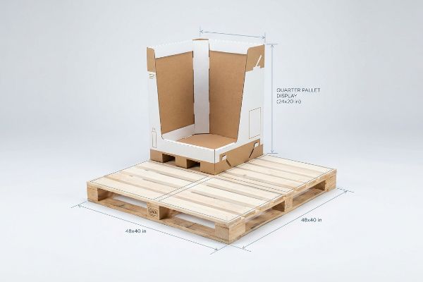 Présentoir en carton quart de palette (24 x 20 pouces) sur une palette en bois GMA de 48 x 40 pouces, optimisant l'espace de vente au détail.