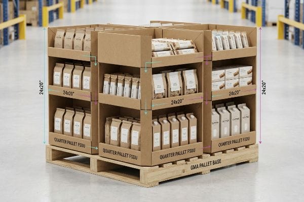 Modular brown corrugated Quarter Pallet FSDU display units, each 24x20 inches, on a GMA Pallet Base, filled with packaged goods.