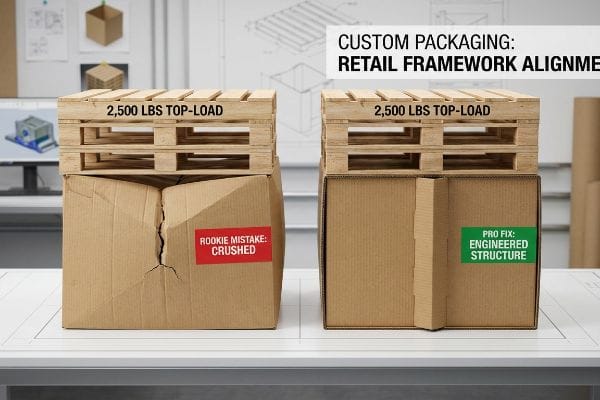 Crushed vs. intact retail packaging under 2,500 Lbs Top-Load, showing engineered structure solution.