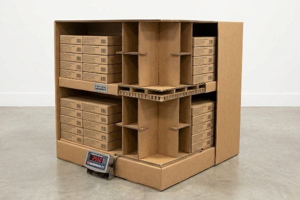 Corrugated cardboard display with internal dividers, loaded with boxes, showing 2550 on a digital scale, and a 