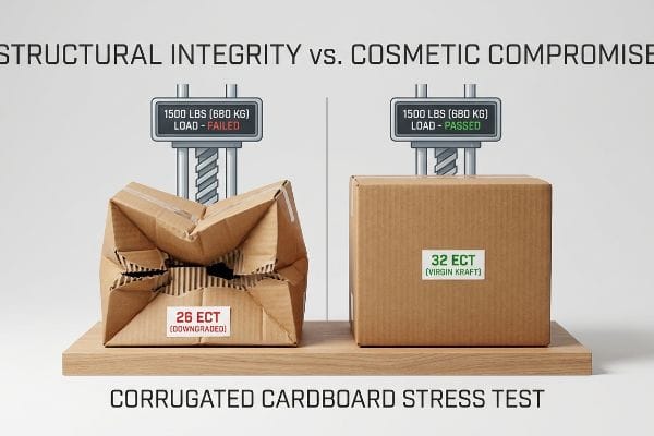 Corrugated cardboard stress test: 26 ECT (Downgraded) box failed 1500 Lbs load; 32 ECT (Virgin Kraft) box passed.