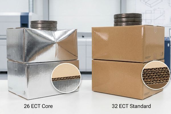 सिल्वर 26 ECT कोर और ब्राउन 32 ECT स्टैंडर्ड नालीदार बक्से, भारित, जिसमें सिंगल-वॉल और डबल-वॉल फ्लूट संरचनाओं को दर्शाने वाले इनसेट हैं।.