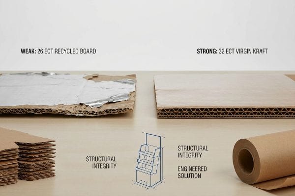 Damaged 26 Ect Recycled Board with peeling foil next to intact 32 Ect Virgin Kraft, illustrating Structural Integrity for Engineered Solution displays.