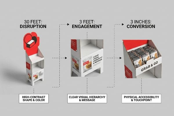 Corrugated retail display stages illustrating the 3-3-3 Rule in Sales: Disruption, Engagement, Conversion, with High-Contrast Shape & Color, Clear Visual Hierarchy & Message, and Physical Accessibility & Touchpoint.