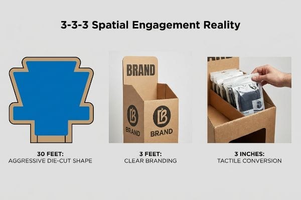 Diagram shows 3-3-3 Spatial Engagement Reality: a blue die-cut shape, corrugated Brand display, and hand initiating tactile conversion.