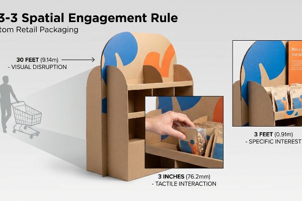 Un présentoir en carton illustre la règle d'engagement spatial 3-3-3, montrant une perturbation visuelle à 30 pieds, un intérêt spécifique à 3 pieds et une interaction tactile à 3 pouces, avec un client poussant un chariot.