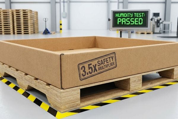 Corrugated cardboard box with '3.5x Safety Multiplier' on a wooden pallet, showing 'Humidity Test: Passed' on a digital display in a warehouse.