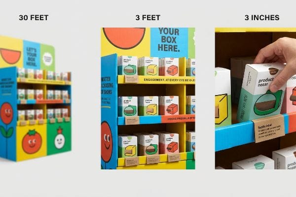 Retail display demonstrates 3-3-3 rule: 30 Feet, 3 Feet, 3 Inches. Features 'Product Nectar' boxes, 'Engagement, At Every Eye Level'.