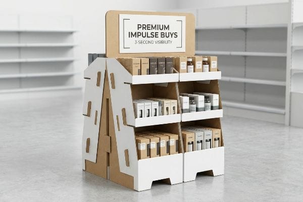 Expositor de cartón de varios niveles para puntos de venta con los lemas "Compras impulsivas premium" y "Visibilidad en 3 segundos", que impulsa las ventas impulsivas en el comercio minorista.